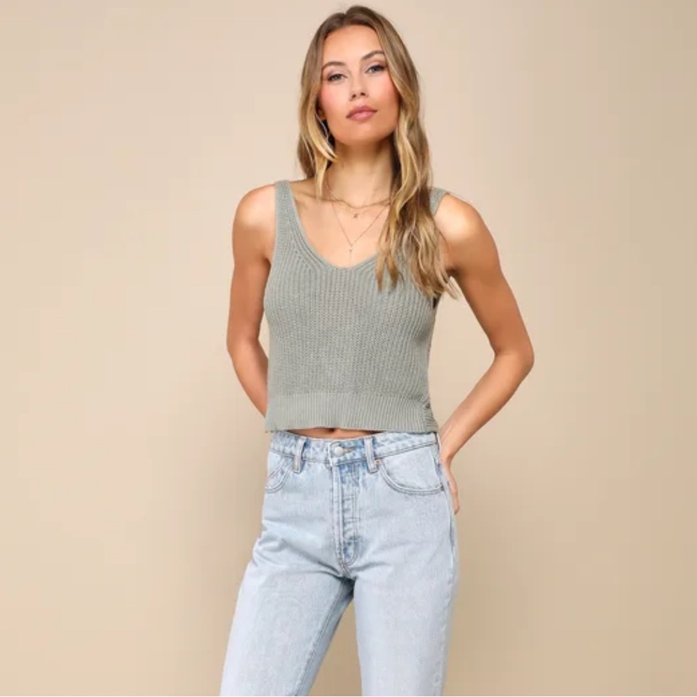 LULU’S Sage Green Crochet Tank Crop with Open Knot Back